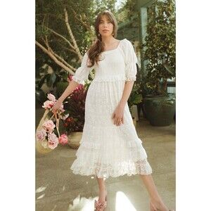 Ivy City Co Women's Snow Midi Dress White Lined Lace Flutter Sleeve Prairie
